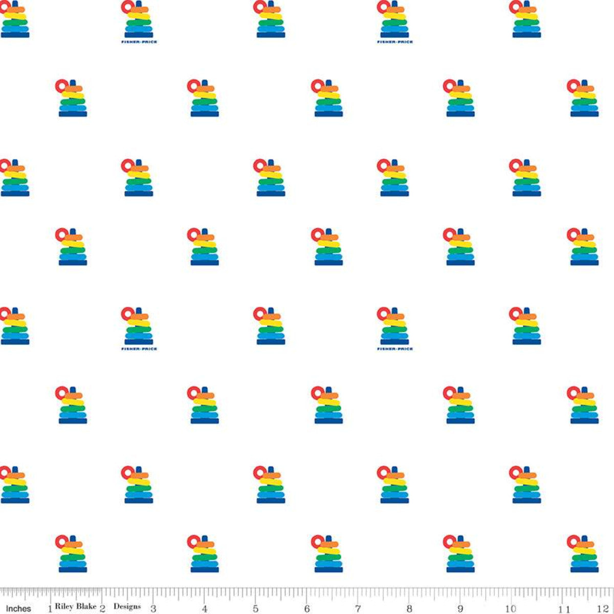 White fabric with colorful Fisher-Price Rock-a-Stack ring toy repeat pattern