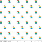 White fabric with colorful Fisher-Price Rock-a-Stack ring toy repeat pattern