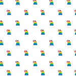 White fabric with repeating Fisher-Price Rock-a-Stack rainbow ring toy pattern