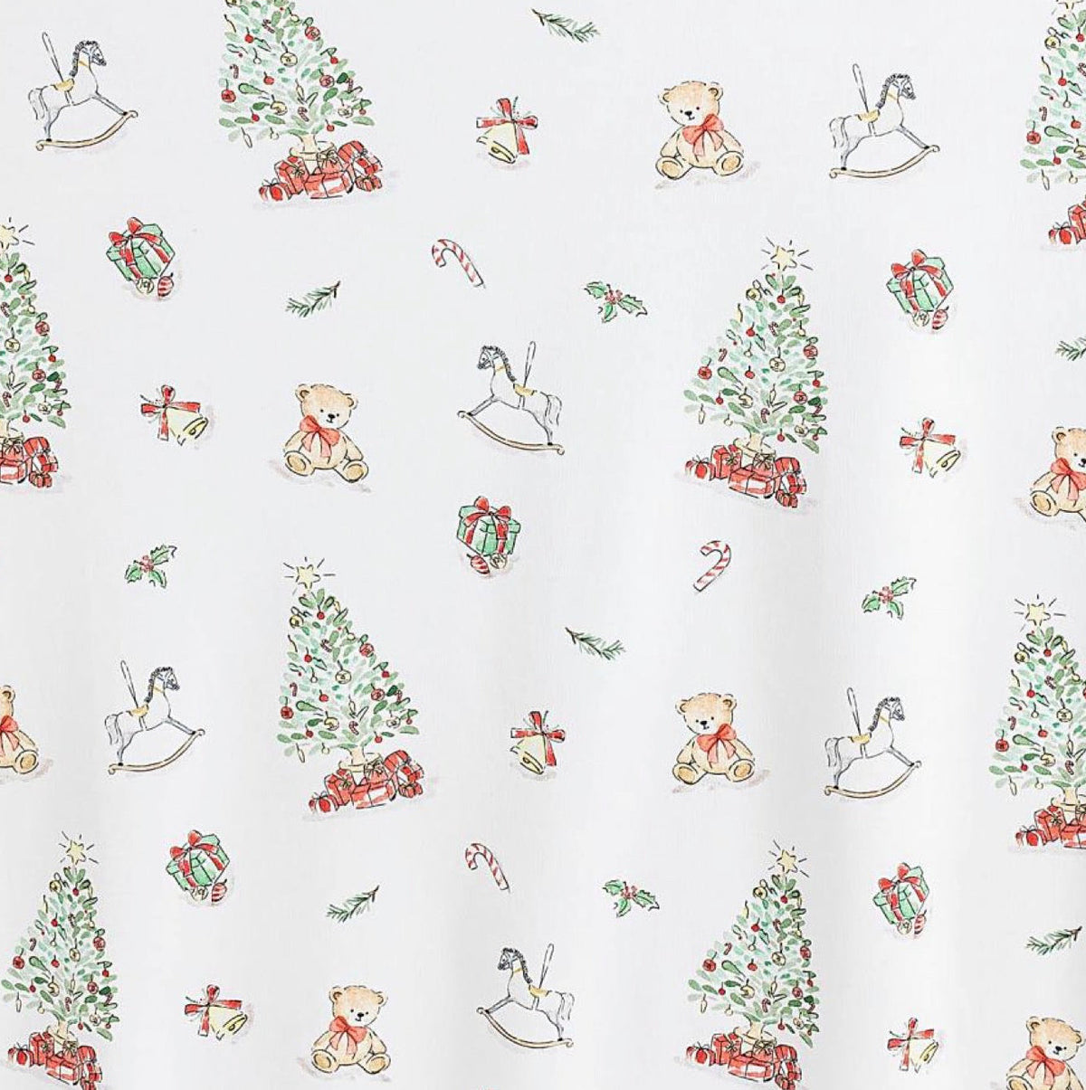 White knit fabric with scattered Christmas trees, teddy bears, rocking horses, and gifts pattern