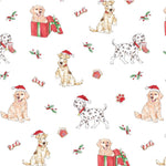White fabric with watercolor Christmas dogs, holly, bones, gifts, and Santa hats pattern