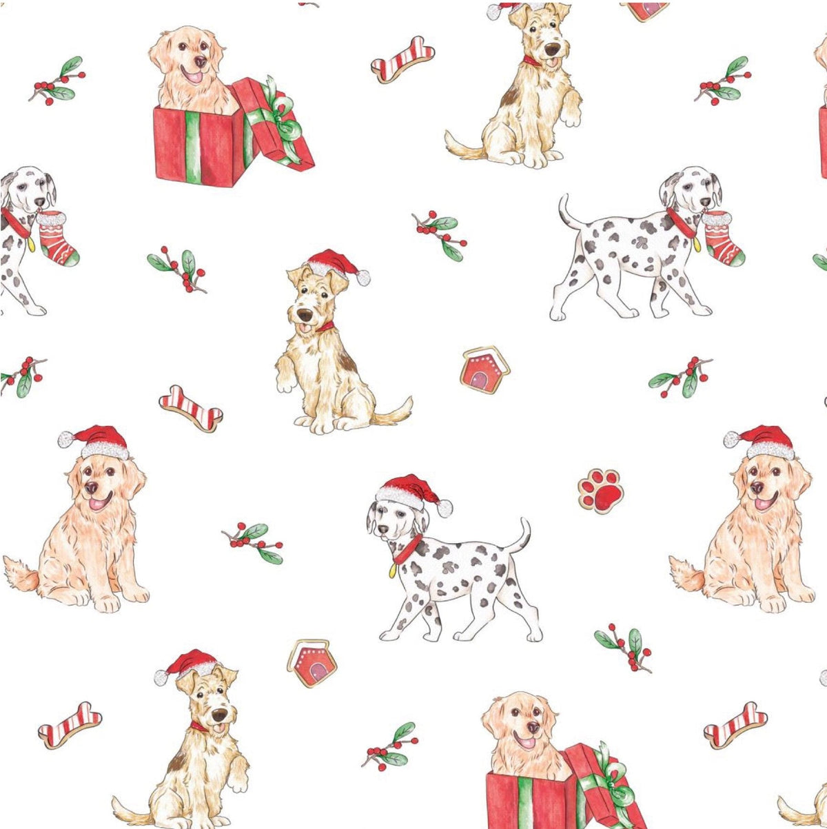 White fabric with watercolor Christmas dogs, holly, bones, gifts, and Santa hats pattern