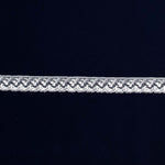 White scalloped lace edging trim with delicate floral pattern on navy background