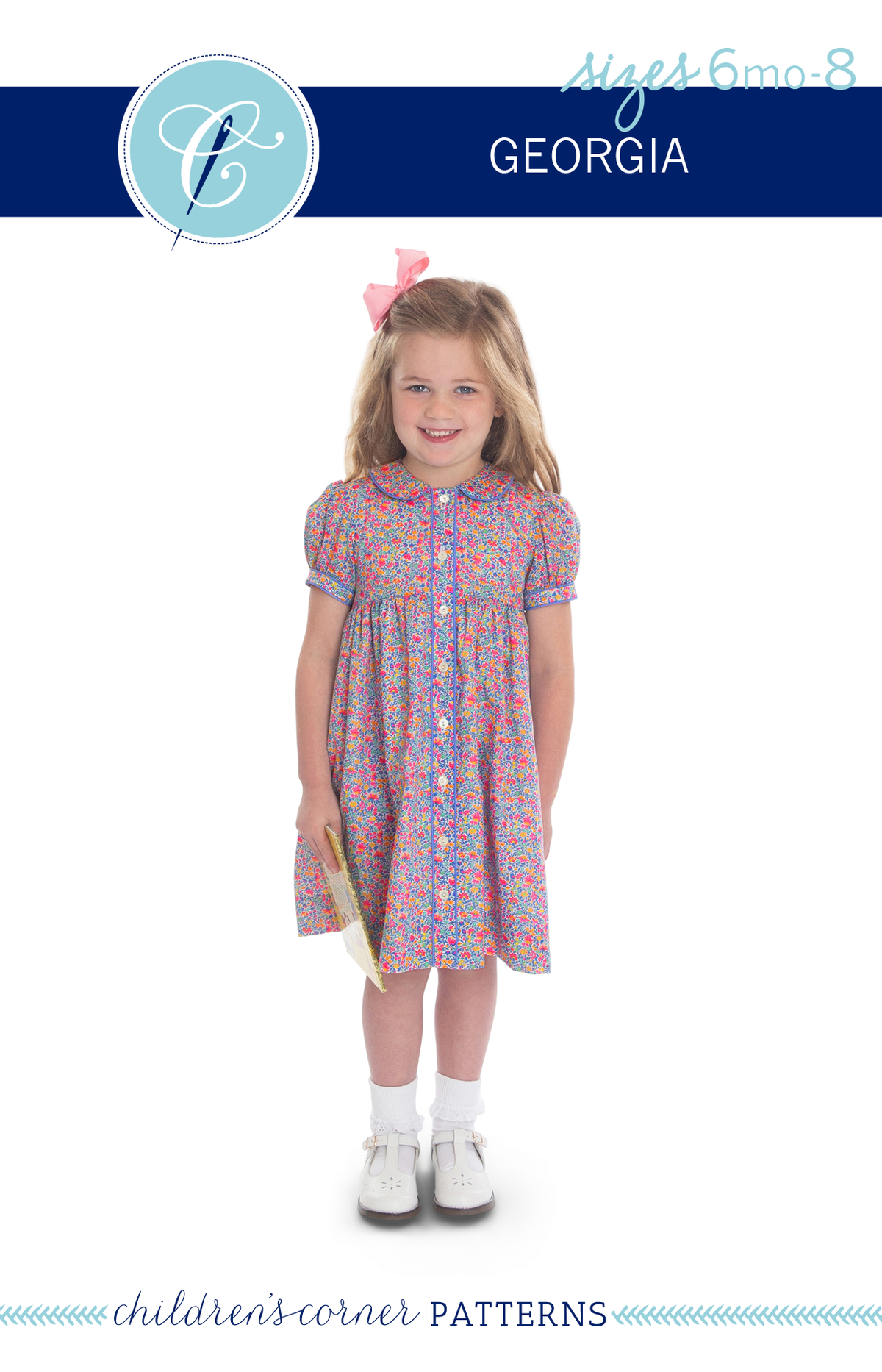 Georgia children's dress sewing pattern, floral smocked style, sizes 6 months to 8
