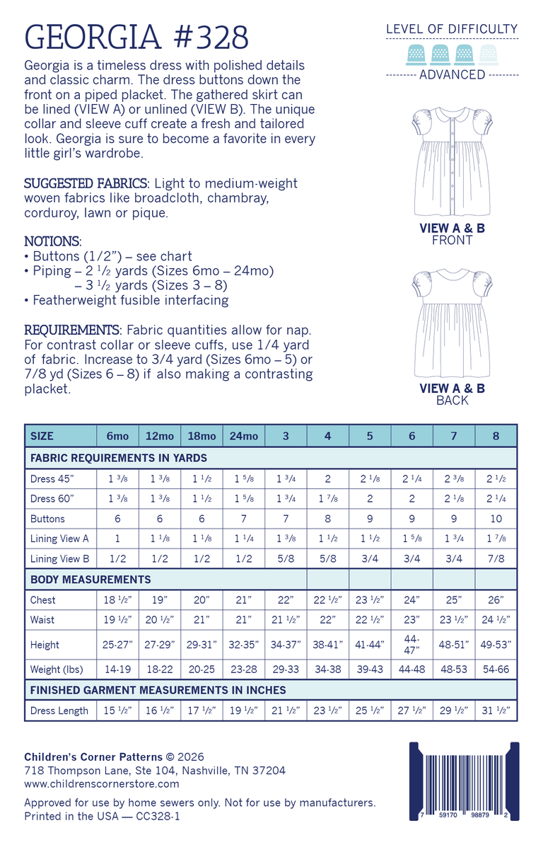Georgia #328 children's dress sewing pattern, advanced level, sizes 6mo–8