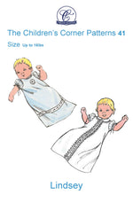 Vintage baby christening gown sewing pattern, two infants in white and blue lace dresses