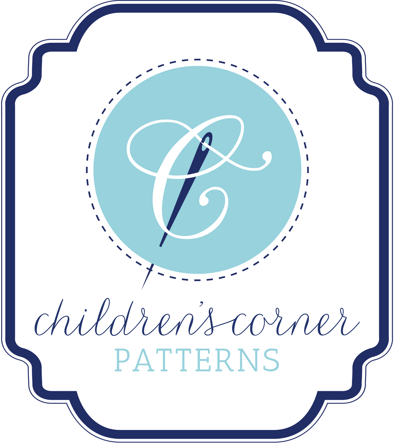 Children's Corner Patterns logo with navy blue border, teal circle, cursive C, and sewing needle