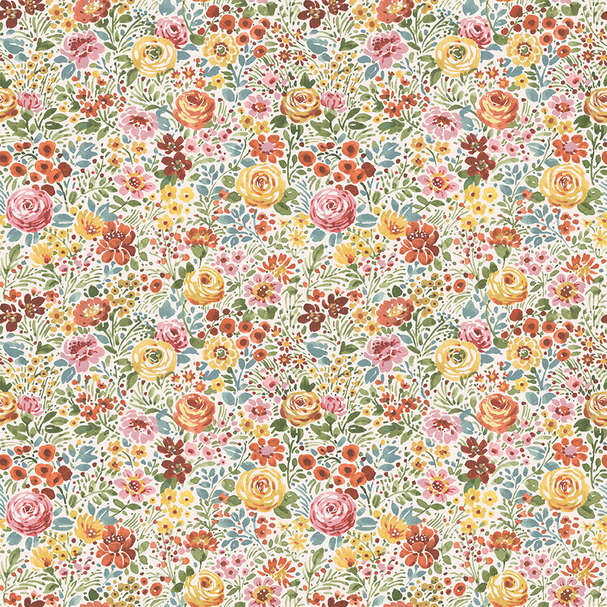 Cream fabric with dense multicolor floral print in pink, yellow, orange, and green