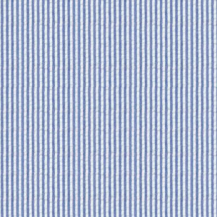 Royal blue and white vertical pinstripe seersucker fabric with textured crinkle weave