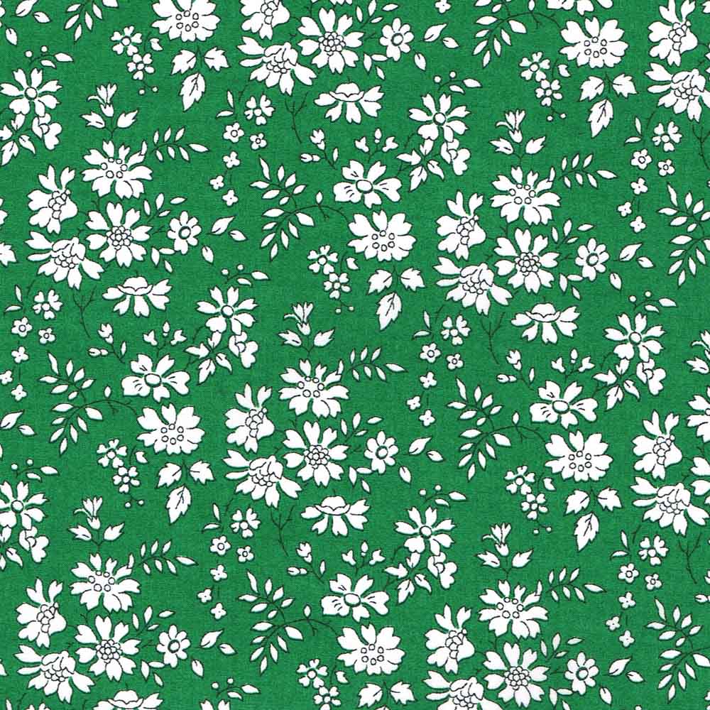 Green Liberty Tana Lawn fabric with white ditsy floral and leaf pattern