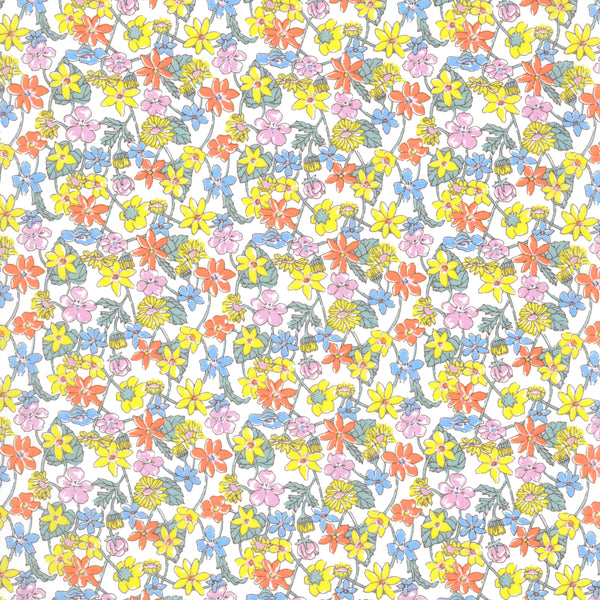 White fabric with dense multicolor daisy floral print in yellow, orange, pink, and blue