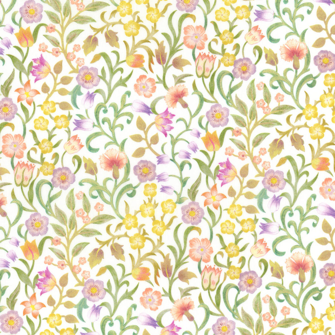 Liberty of London Carnation Vine A fabric with multicolor floral vines on white