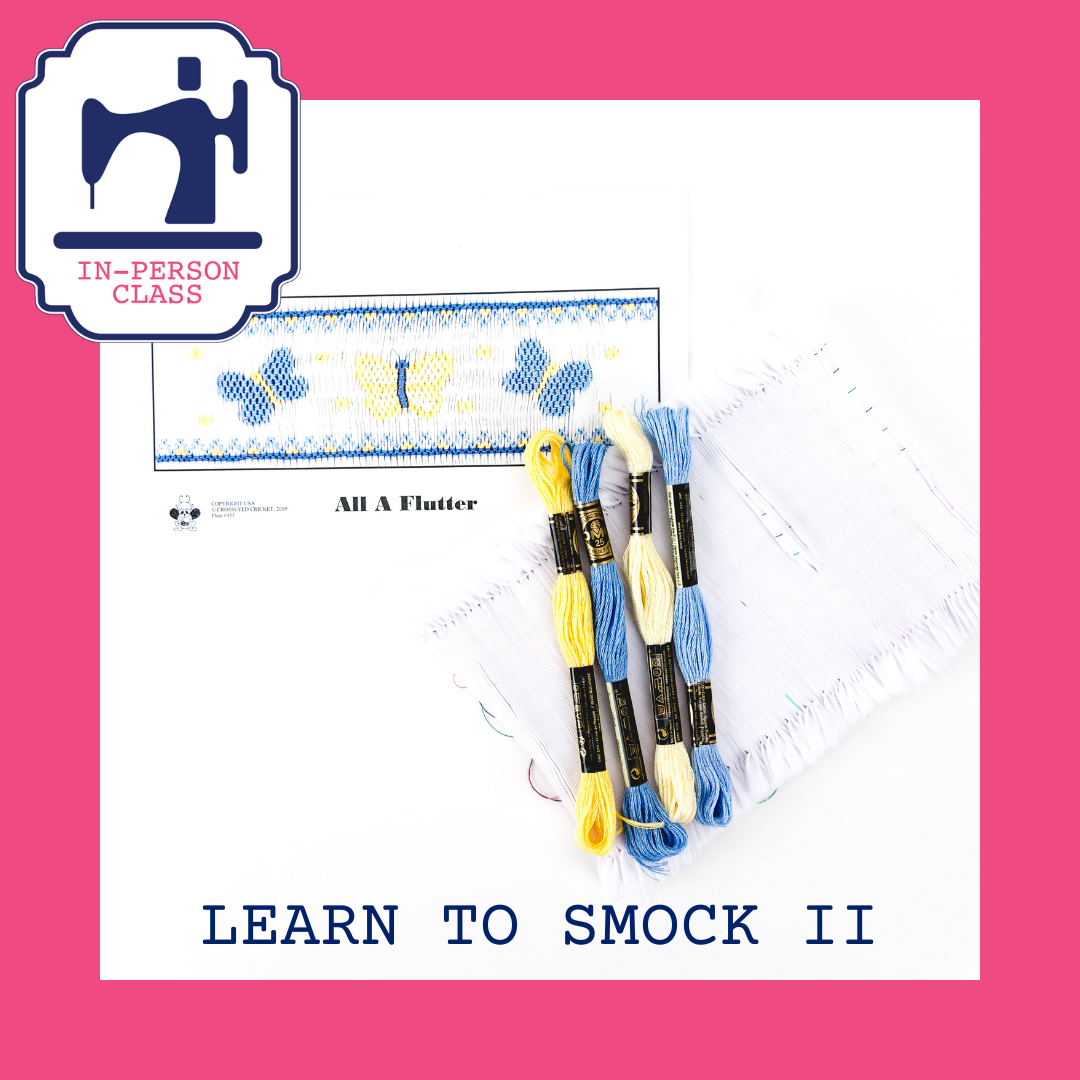 Learn to Smock II kit with blue and yellow embroidery floss and smocked butterfly pattern plate