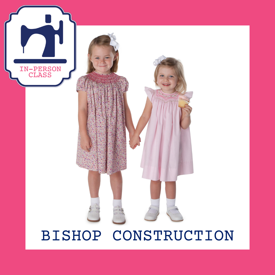 Two girls in smocked bishop dresses, floral and pink, holding hands