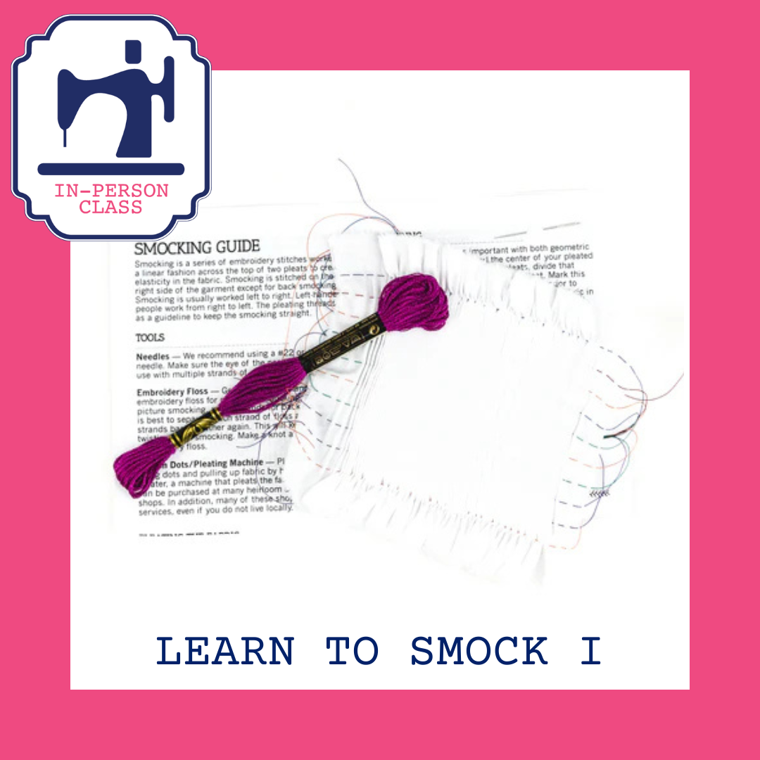Smocking guide handout with purple embroidery floss skein for in-person smocking class.