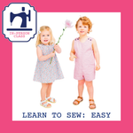 Two toddlers in handmade summer outfits: floral dress and pink romper with sandals.