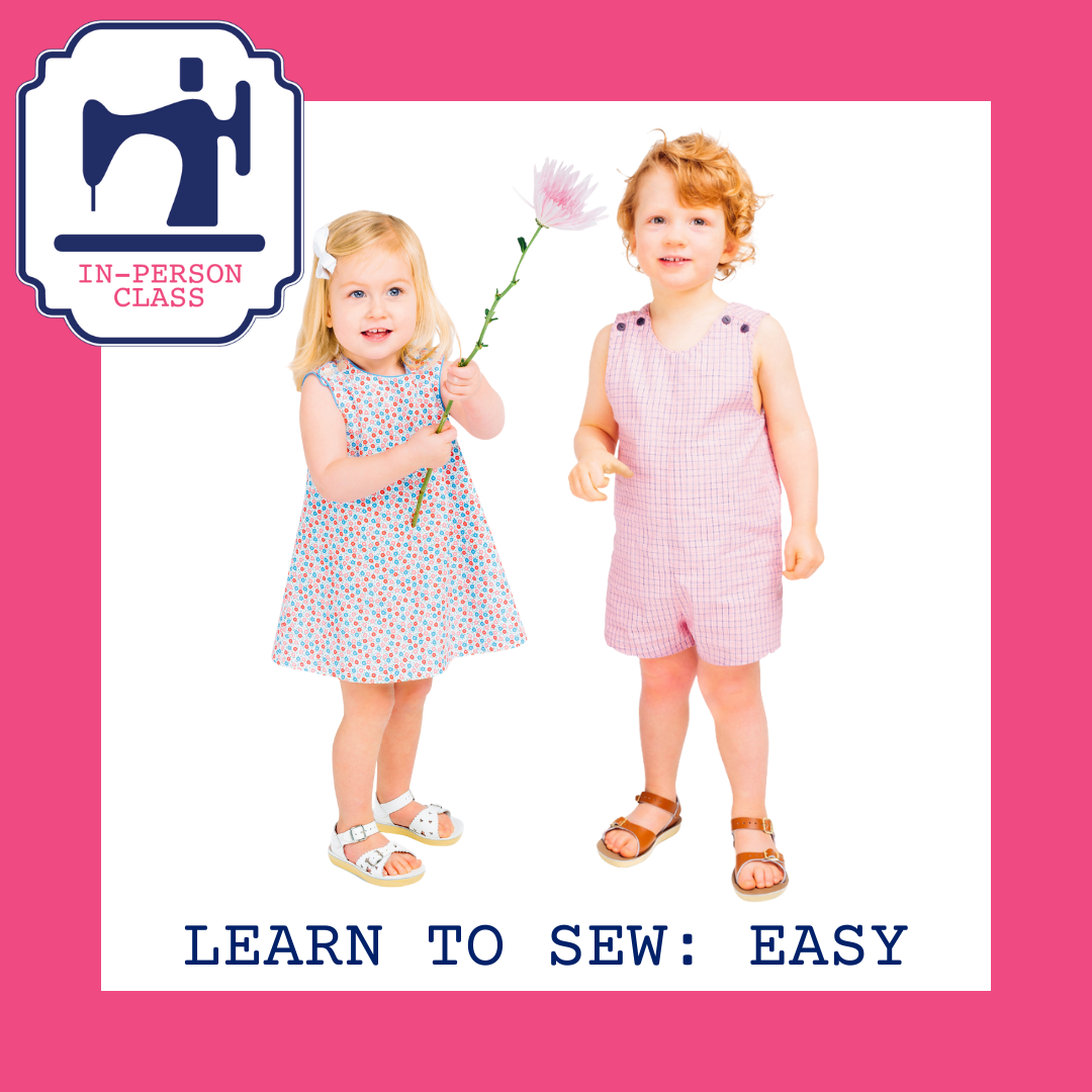 Two toddlers in handmade summer outfits: floral dress and pink romper with sandals.