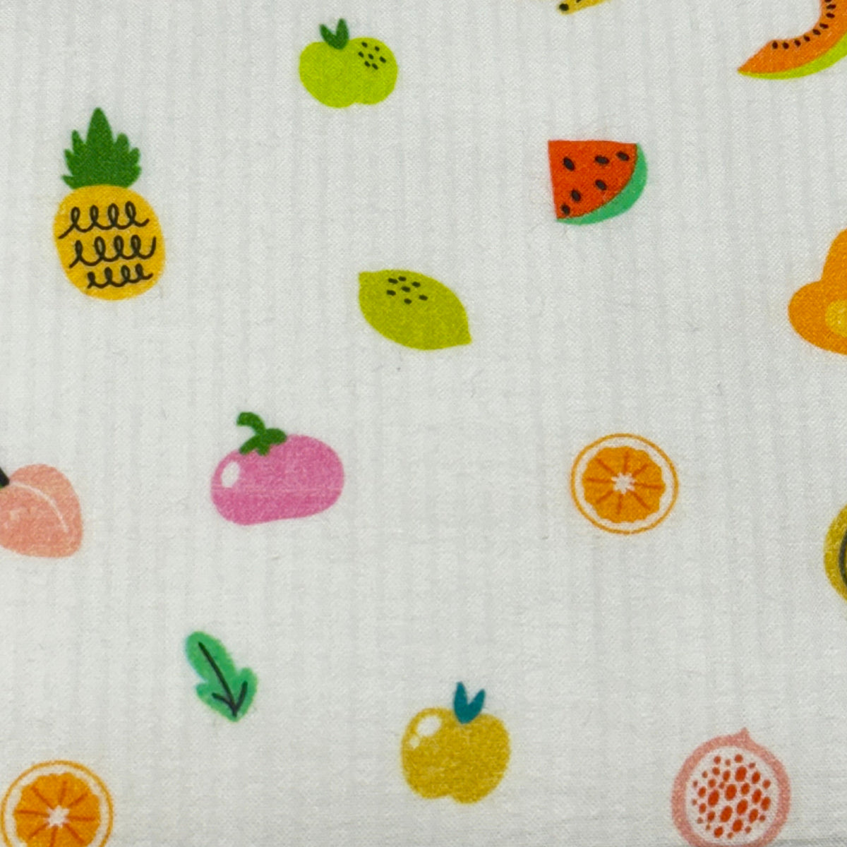 White seersucker fabric with colorful fruit print including pineapple, watermelon, and citrus