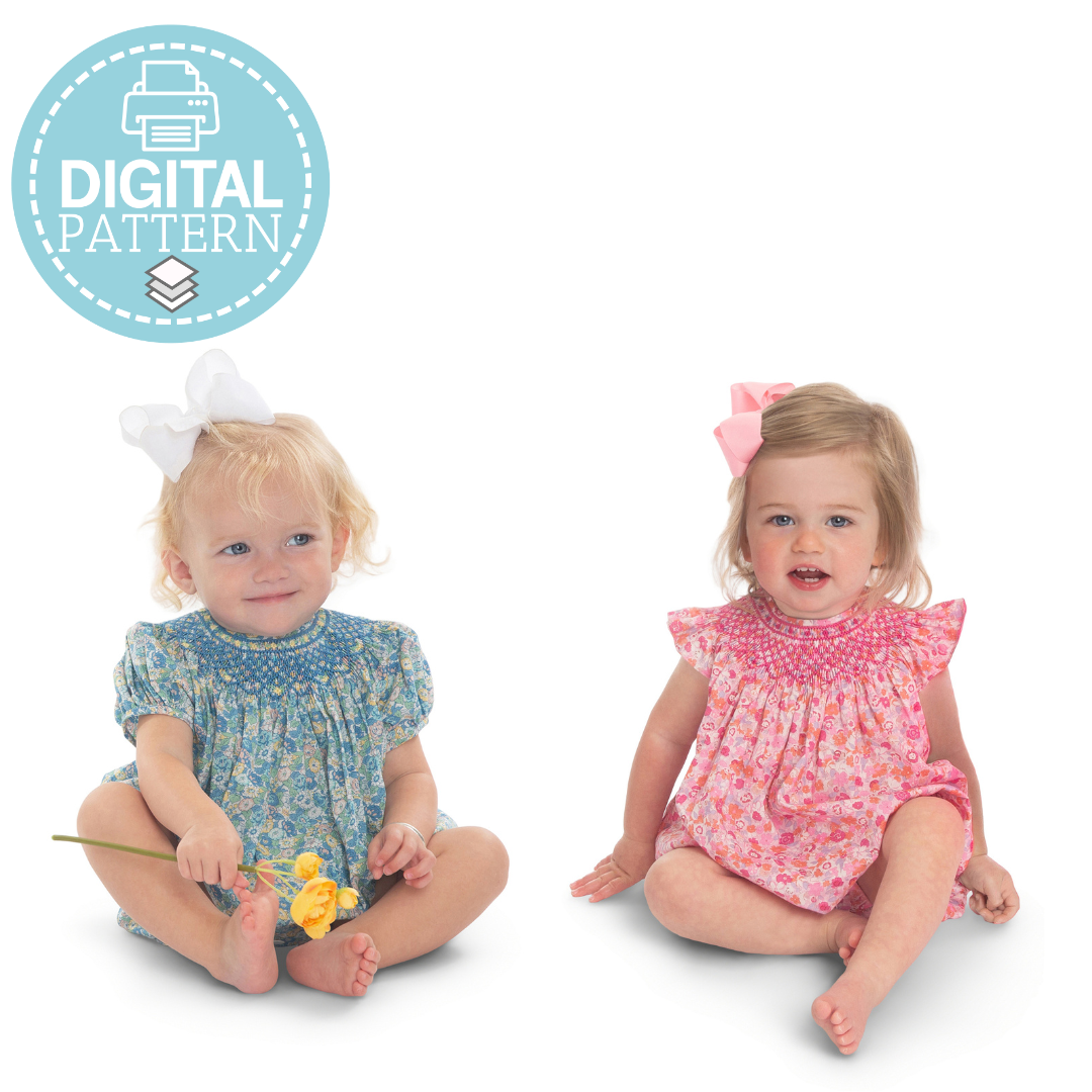 Two toddler girls in smocked floral rompers, blue and pink, digital sewing pattern