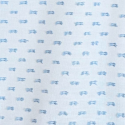 White dotted swiss fabric with small scattered blue bow or dot pattern