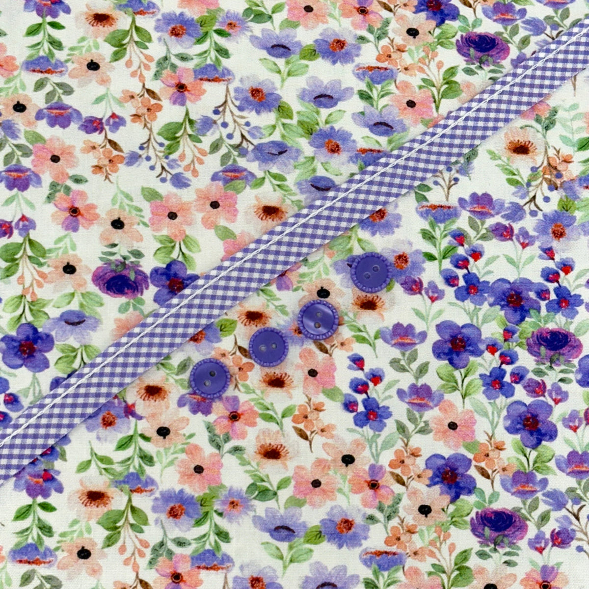 Georgia Dress Kit with purple floral fabric, gingham ribbon trim, and purple buttons