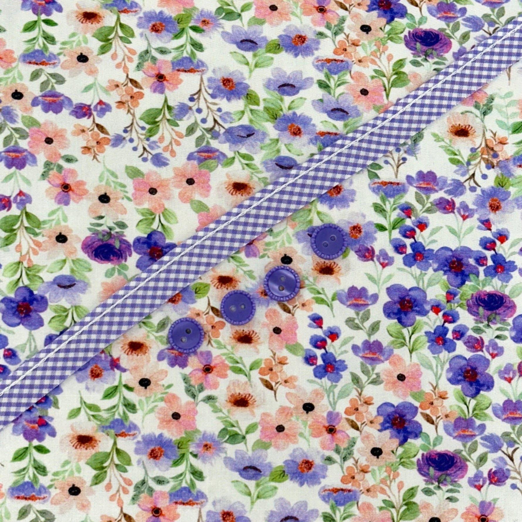 Georgia Dress Kit with purple floral fabric, gingham ribbon trim, and purple buttons