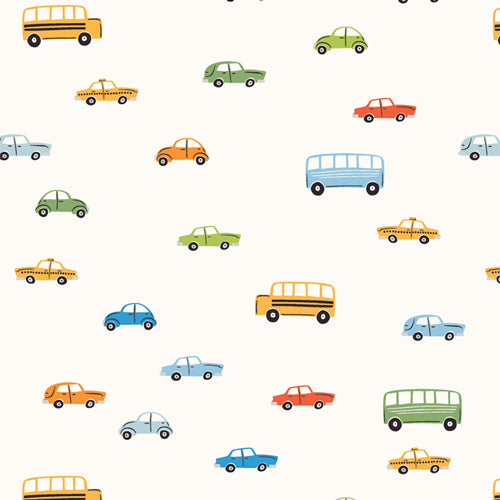 Cream flannel fabric with colorful cartoon cars, taxis, and buses scattered pattern