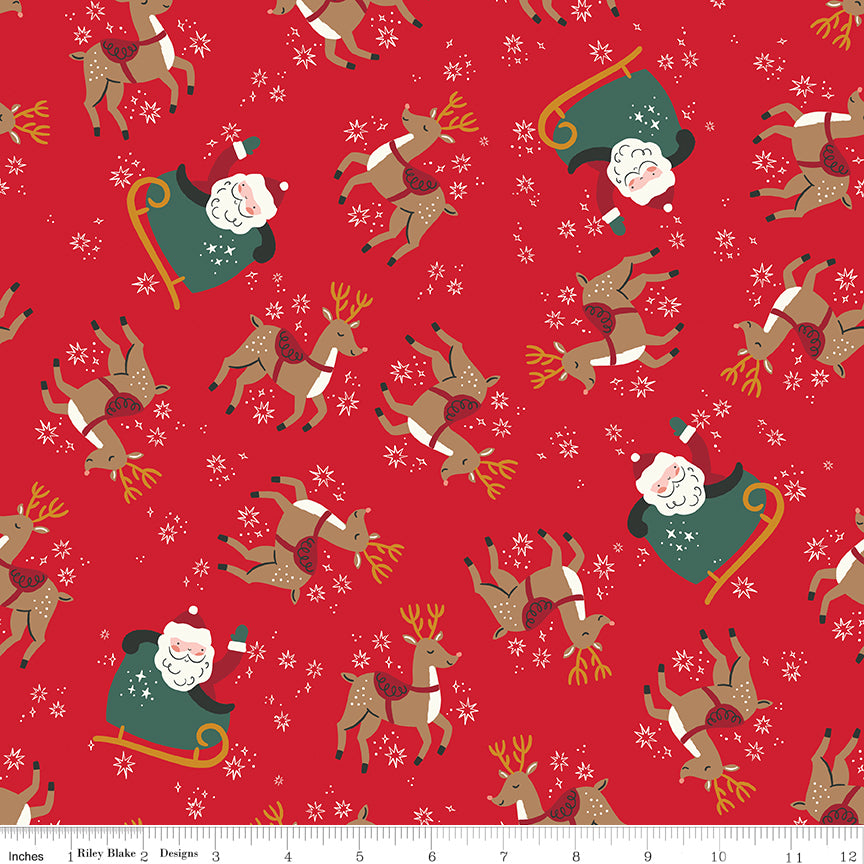 Red Christmas fabric with Santa in sleigh, reindeer, and white snowflakes tossed pattern
