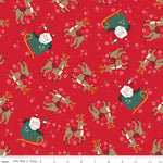 Red Christmas fabric with Santa in sleigh, reindeer, and white snowflakes tossed pattern