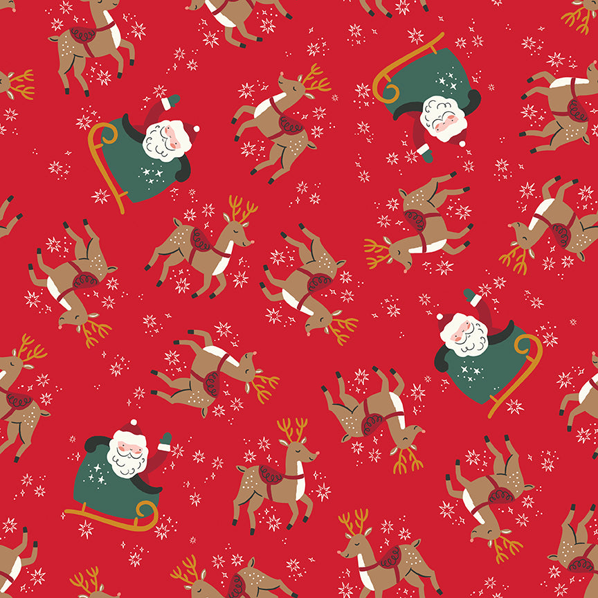 Red flannel fabric with tossed Santa sleighs, reindeer, and white snowflakes