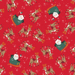 Red flannel fabric with tossed Santa sleighs, reindeer, and white snowflakes