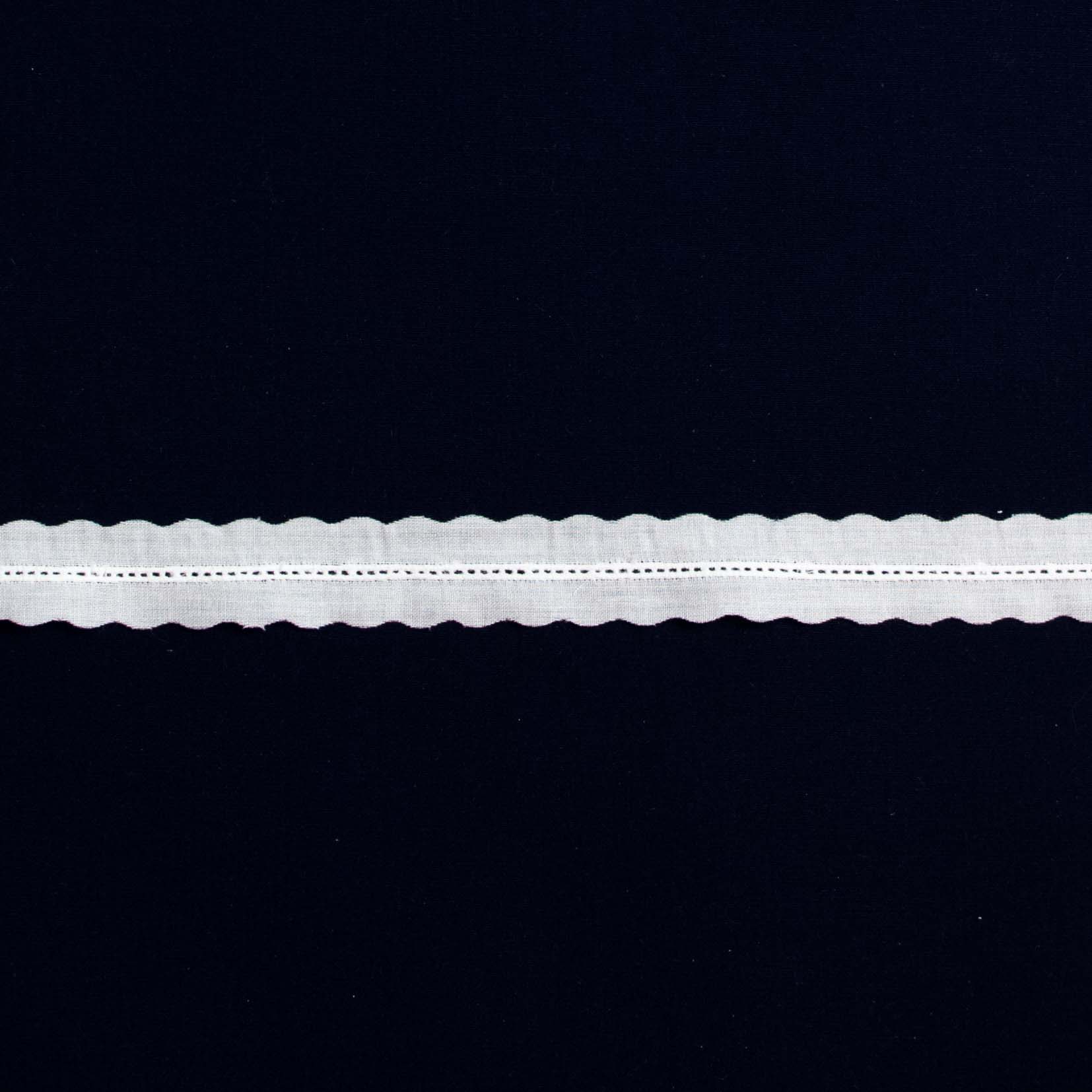 White entredeux lace trim with scalloped edges and center ladder stitching
