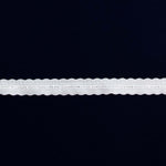 White cotton entredeux lace trim with scalloped edges on dark background