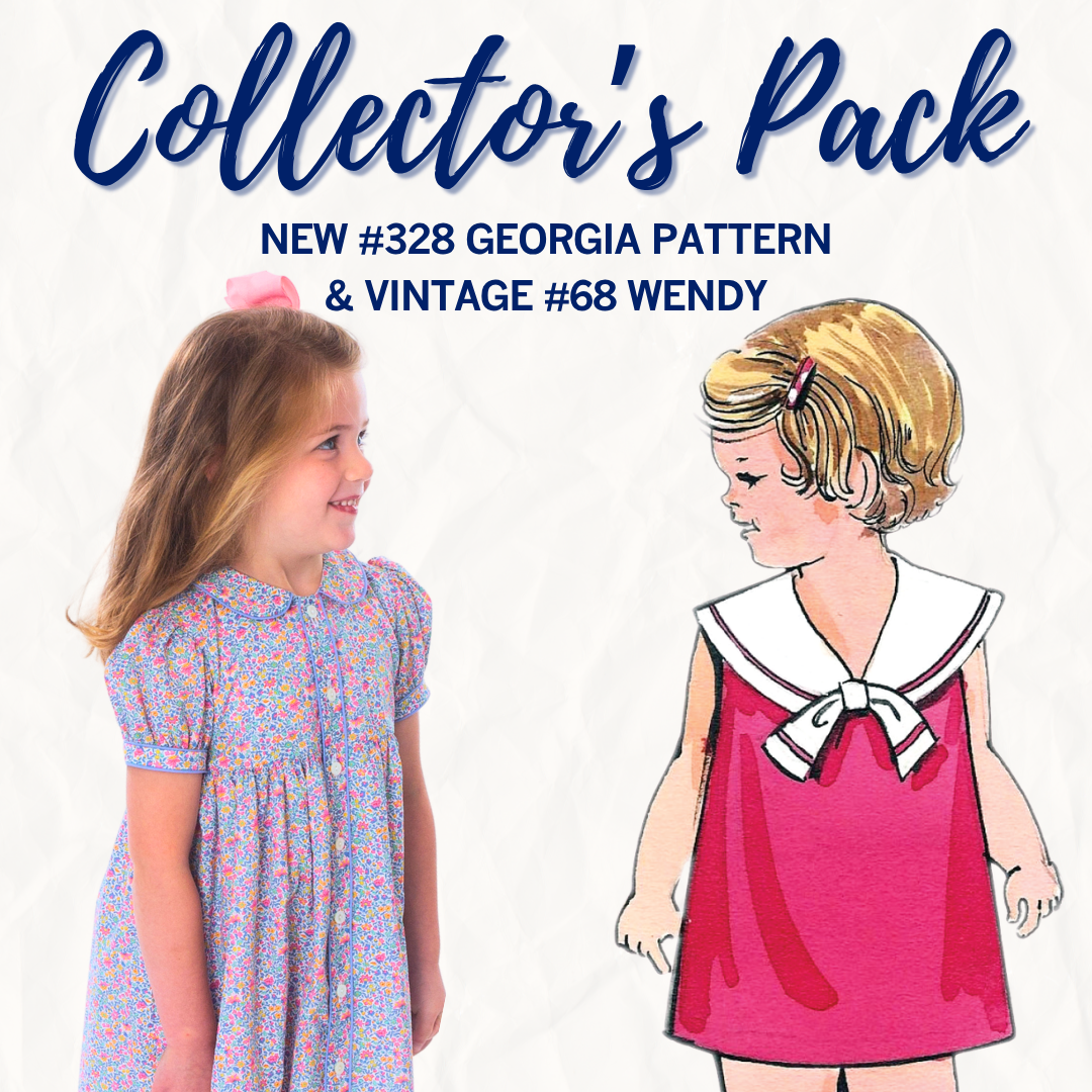 Collector's Pack sewing patterns: Georgia #328 floral dress photo and vintage Wendy #68 illustration