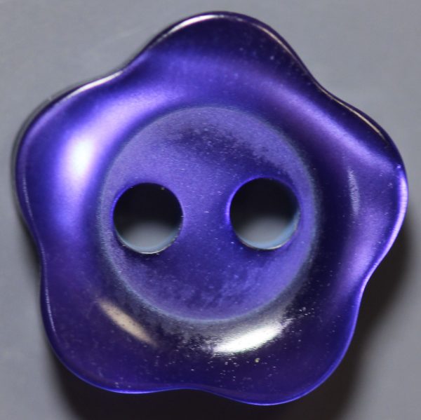 Shiny purple flower-shaped plastic button with two holes and pearlescent finish