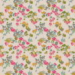 Beige cotton fabric with pink floral botanical print in green blue and gold