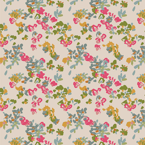 Beige cotton fabric with pink floral botanical print in green blue and gold