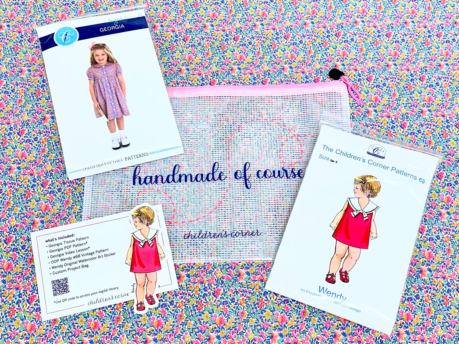 Children's Corner Georgia and Wendy sewing patterns with mesh project bag on floral fabric