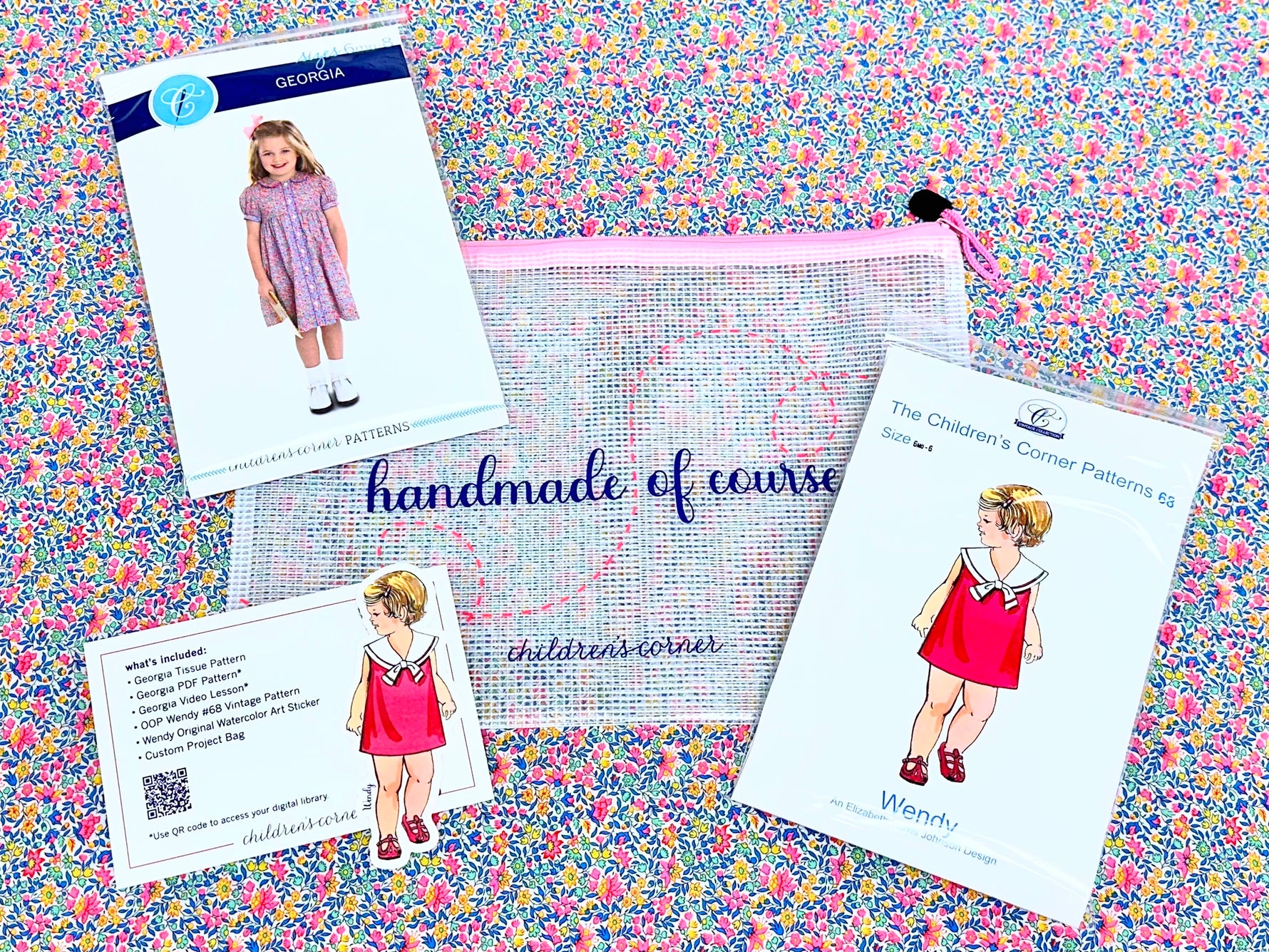 Children's Corner Georgia and Wendy sewing patterns with mesh project bag on floral fabric