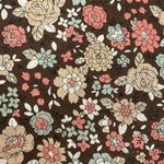 Yuwa brown cotton lawn fabric with pink, cream, and mint floral print