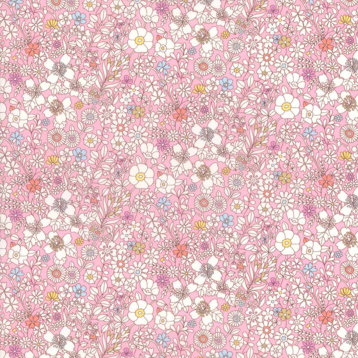 Liberty of London June's Meadow H fabric, pink background with white and multicolor floral print
