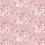 Liberty of London June's Meadow H fabric, pink background with white and multicolor floral print