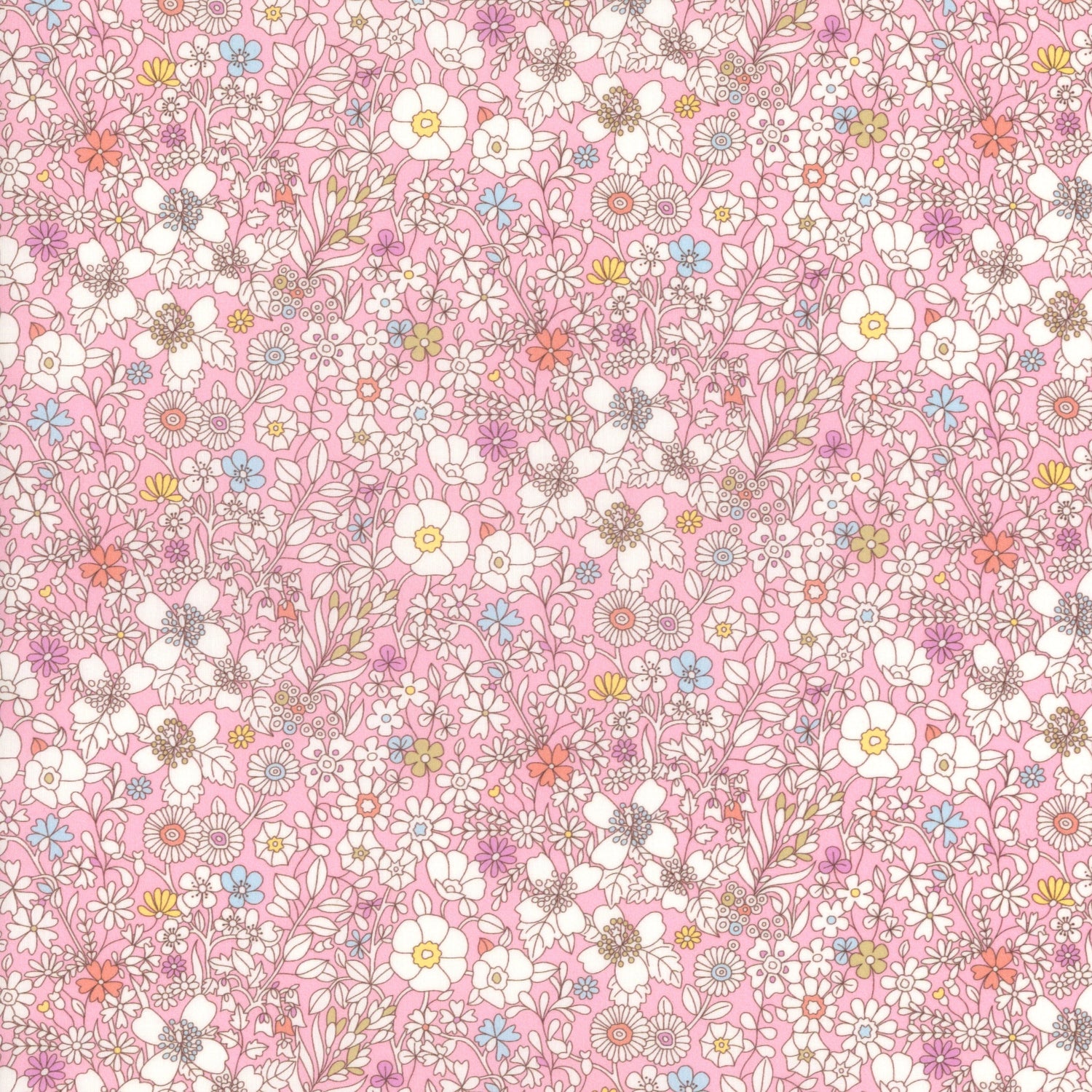 Liberty of London June's Meadow H fabric, pink background with white and multicolor floral print