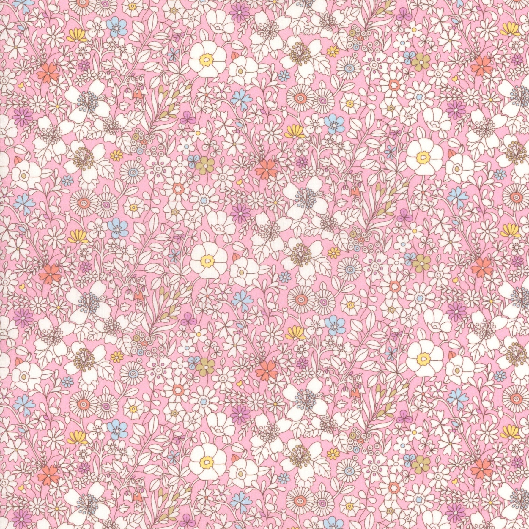 Liberty of London June's Meadow H fabric, pink background with white and multicolor floral print