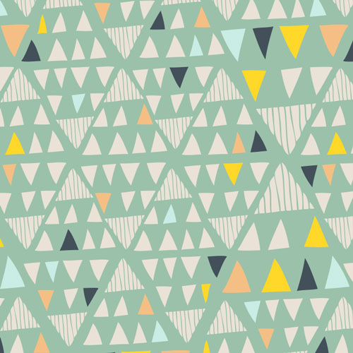 Mint green knit fabric with multicolor triangles in yellow, navy, peach, and light blue