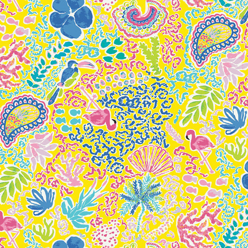 Bright yellow knit fabric with flamingos, toucans, tropical leaves, and paisley print