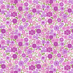 Pattern of small pink and purple flowers on a white background