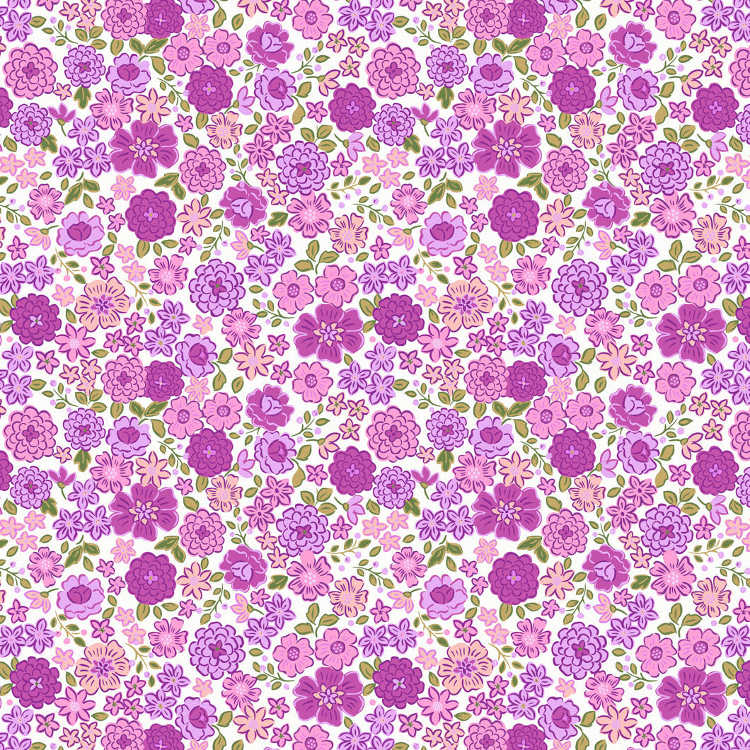 Pattern of small pink and purple flowers on a white background