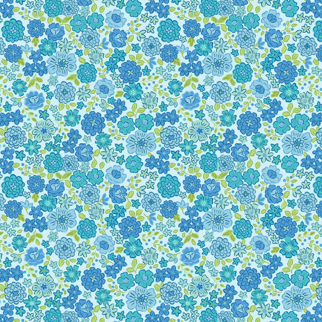 Pattern of blue flowers on a light blue background