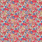 Liberty of London Emma and Georgina C fabric with red, blue, and yellow floral print on white